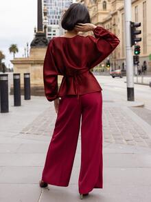 micahgianneli Women's Plain Pleated Wide Leg Loose Casual Pants - Burgundy - View 2