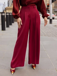 micahgianneli Women's Plain Pleated Wide Leg Loose Casual Pants - Burgundy - View 5