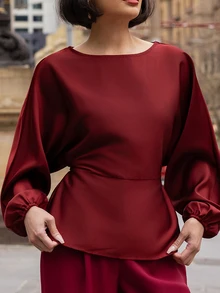 micahgianneli 女款優雅酒紅色上衣，秋季辦公都市通勤圓領蝙蝠袖長袖綁腰X型修身時尚上衣夏季 - 酒紅色 - 查看 8