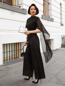 micahgianneli 女款休閒純色灰色寬腿鬆弛版型長褲，附抽繩與網布拼接裝飾，通勤百搭，商務女性黑色 - 黑色 - 查看 3