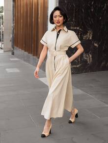 micahgianneli 女款中長洋裝，翻領領口，日式扣環腰帶，側口袋，前開襟單排扣，清新白色 - 白色 - 查看 5
