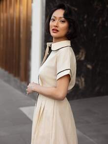 micahgianneli 女款中長洋裝，翻領領口，日式扣環腰帶，側口袋，前開襟單排扣，清新白色 - 白色 - 查看 6