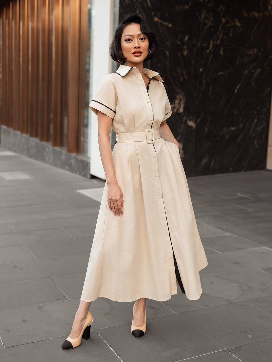 micahgianneli 女款中長洋裝,翻領領口,日式扣環腰帶,側口袋,前開襟單排扣,清新白色 - 白色 - 查看 1