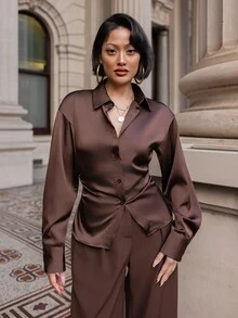 micahgianneli 女士长袖衬衫，系带衬衫，休闲办公衬衫，度假衬衫，收腰衬衫，适合春、夏、秋、冬四季穿着，优雅，度假风，波西米亚风，工作装 - 咖啡棕 - 查看 1
