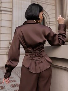 micahgianneli 女士长袖衬衫，系带衬衫，休闲办公衬衫，度假衬衫，收腰衬衫，适合春、夏、秋、冬四季穿着，优雅，度假风，波西米亚风，工作装 - 咖啡棕 - 查看 5