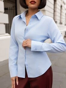 micahgianneli 女士纯色前扣长袖休闲衬衫 - 淺藍色 - 查看 4