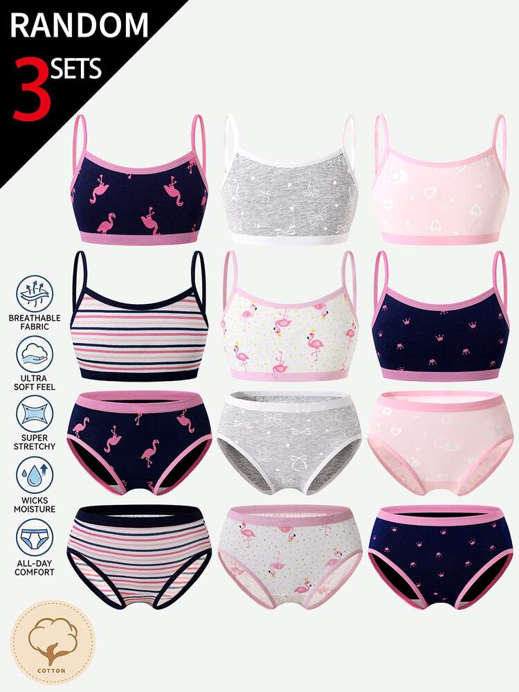 Winter Girls Soft Cotton Underwear Camisole Panties Printed With Heart Cherry Bow Stripe Flamingo Lovely Patterns School Navy White Pink Cute Kawaii - Multicolor - View 3