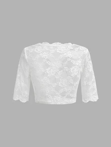 SHEIN Frenchy 女款優雅素色透視蕾絲短版上衣 - 白色 - 查看 6