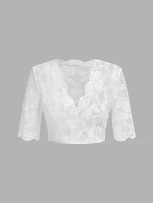 SHEIN Frenchy 女款優雅素色透視蕾絲短版上衣 - 白色 - 查看 7