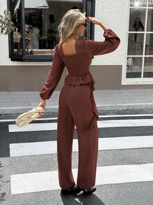 SHEIN Frenchy Setelan Wanita Elegan Warna Cokelat Kopi dengan Atasan Lengan Panjang Berenda dan Celana Panjang Kancing 2 Potong, Cocok untuk Liburan, Piknik, atau Acara Santai seperti Brunch, Minum Teh, dan Bisnis di Musim Gugur. - Coklat - View 6