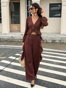 SHEIN Frenchy Setelan Wanita Elegan Warna Cokelat Kopi dengan Atasan Lengan Panjang Berenda dan Celana Panjang Kancing 2 Potong, Cocok untuk Liburan, Piknik, atau Acara Santai seperti Brunch, Minum Teh, dan Bisnis di Musim Gugur. - Coklat - View 3