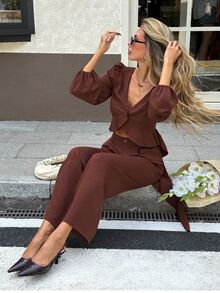 SHEIN Frenchy Setelan Wanita Elegan Warna Cokelat Kopi dengan Atasan Lengan Panjang Berenda dan Celana Panjang Kancing 2 Potong, Cocok untuk Liburan, Piknik, atau Acara Santai seperti Brunch, Minum Teh, dan Bisnis di Musim Gugur. - Coklat - View 4
