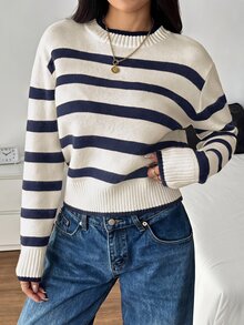 SHEIN Teen Girl Teen Girls Navy Blue White Striped Round Neck Sweater For Fall/Winter Back To School - Apricot - View 9
