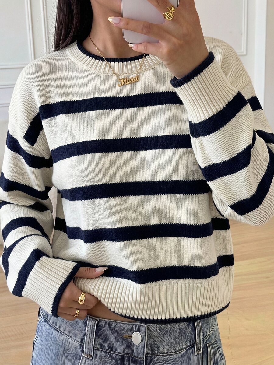 SHEIN Teen Girl Teen Girls Navy Blue White Striped Round Neck Sweater For Fall/Winter Back To School - Apricot - View 1