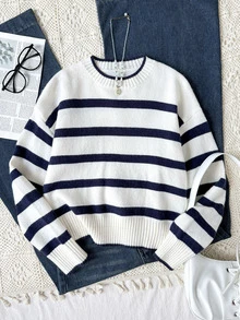 SHEIN Teen Girl Teen Girls Navy Blue White Striped Round Neck Sweater For Fall/Winter Back To School - Apricot - View 2