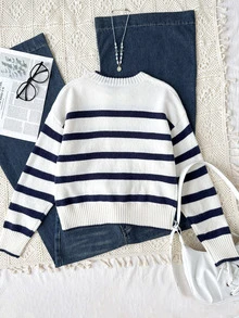 SHEIN Teen Girl Teen Girls Navy Blue White Striped Round Neck Sweater For Fall/Winter Back To School - Apricot - View 8