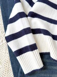 SHEIN Teen Girl Teen Girls Navy Blue White Striped Round Neck Sweater For Fall/Winter Back To School - Apricot - View 6
