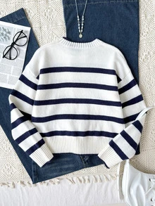 SHEIN Teen Girl Teen Girls Navy Blue White Striped Round Neck Sweater For Fall/Winter Back To School - Apricot - View 3