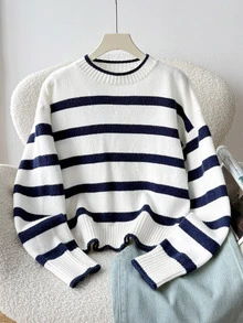 SHEIN Teen Girl Teen Girls Navy Blue White Striped Round Neck Sweater For Fall/Winter Back To School - Apricot - View 4