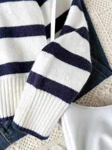 SHEIN Teen Girl Teen Girls Navy Blue White Striped Round Neck Sweater For Fall/Winter Back To School - Apricot - View 7