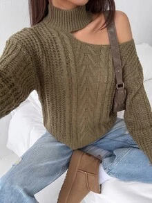 Balvessa Cut Out Cable Knit Drop Shoulder Sweater - Army Green - View 4