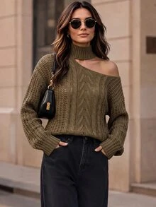 Balvessa Cut Out Cable Knit Drop Shoulder Sweater - Army Green - View 3