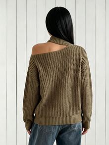 Balvessa Cut Out Cable Knit Drop Shoulder Sweater - Army Green - View 2