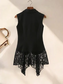 SHEIN Franclia 女款無袖西裝背心，透視蕾絲拼接，不對稱下擺，單鈕扣，辦公約會休閒時尚優雅黑色花卉夏季 - 黑色 - 查看 2