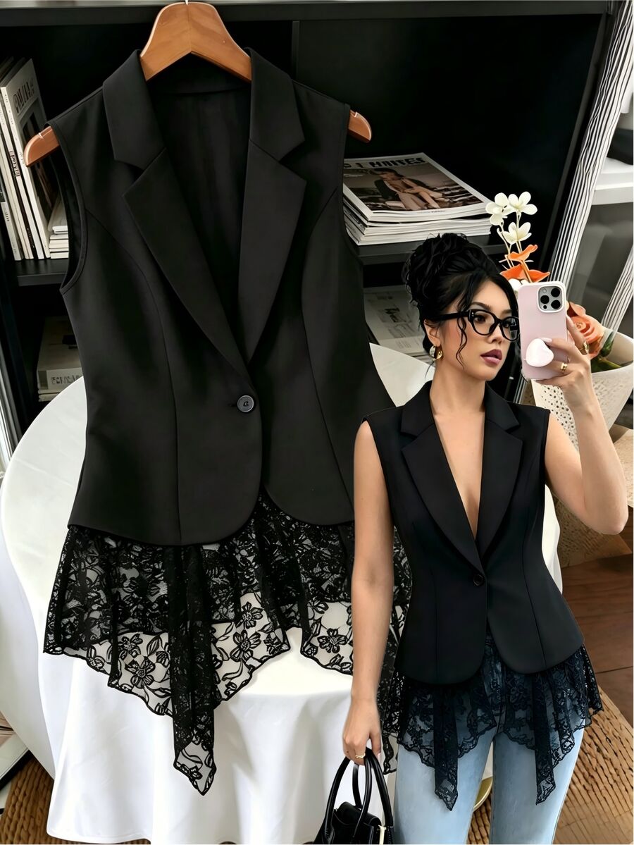 SHEIN Franclia 女款無袖西裝背心,透視蕾絲拼接,不對稱下擺,單鈕扣,辦公約會休閒時尚優雅黑色花卉夏季 - 黑色 - 查看 1