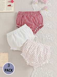 SHEIN Playful Pals 3件組女嬰套裝，純色波點紅格子清新風格彈性腰緊身褲與短褲組合，簡約可愛休閒布料，寬鬆版型，適合戶外玩耍，舒適且易於搭配各種派對場合 - 彩色 - 查看 4