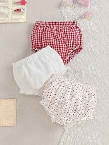SHEIN Playful Pals 3件組女嬰套裝，純色波點紅格子清新風格彈性腰緊身褲與短褲組合，簡約可愛休閒布料，寬鬆版型，適合戶外玩耍，舒適且易於搭配各種派對場合 - 彩色 - 查看 5