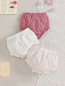 SHEIN Playful Pals 3件組女嬰套裝，純色波點紅格子清新風格彈性腰緊身褲與短褲組合，簡約可愛休閒布料，寬鬆版型，適合戶外玩耍，舒適且易於搭配各種派對場合 - 彩色 - 查看 3