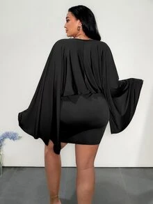 Firerie Plus Draped Collar Trumpet Sleeve Bodycon Dress Autumn Elegant Sexy Office Night Business Work For Women Graduation Party Halloween Black - Black - View 3
