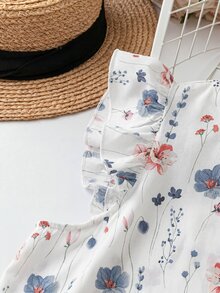 SHEIN 女款夏季甜美優雅荷葉邊圓領飄逸袖碎花寬鬆襯衫，適合度假與日常穿著 - 白色 - 查看 6