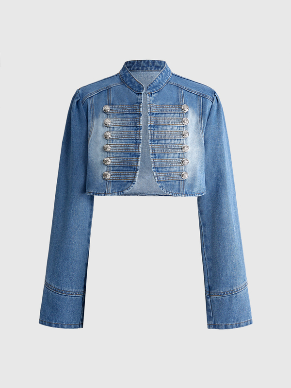 ROMWE Y2K Vintage Court Style Light Blue Napoleon Decor Cropped Denim Jacket And Coat For Women