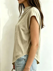 Franclia 女士亚麻质感翻领不对称下摆休闲无袖上衣，优雅度假之选 - 杏色 - 查看 7