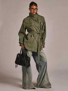 SHEIN BAE Olive Green Faux Suede Trench Coat, Stand Collar Belted Waist With Flap Pockets, Relaxed Fit Mid-Length Utility Jacket For Fall Winter - Army Green - View 6