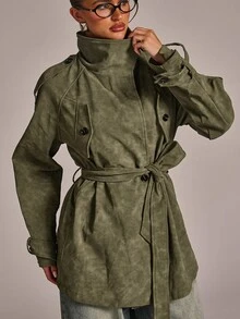 SHEIN BAE Olive Green Faux Suede Trench Coat, Stand Collar Belted Waist With Flap Pockets, Relaxed Fit Mid-Length Utility Jacket For Fall Winter - Army Green - View 4