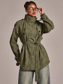 SHEIN BAE Olive Green Faux Suede Trench Coat, Stand Collar Belted Waist With Flap Pockets, Relaxed Fit Mid-Length Utility Jacket For Fall Winter - Army Green - View 1