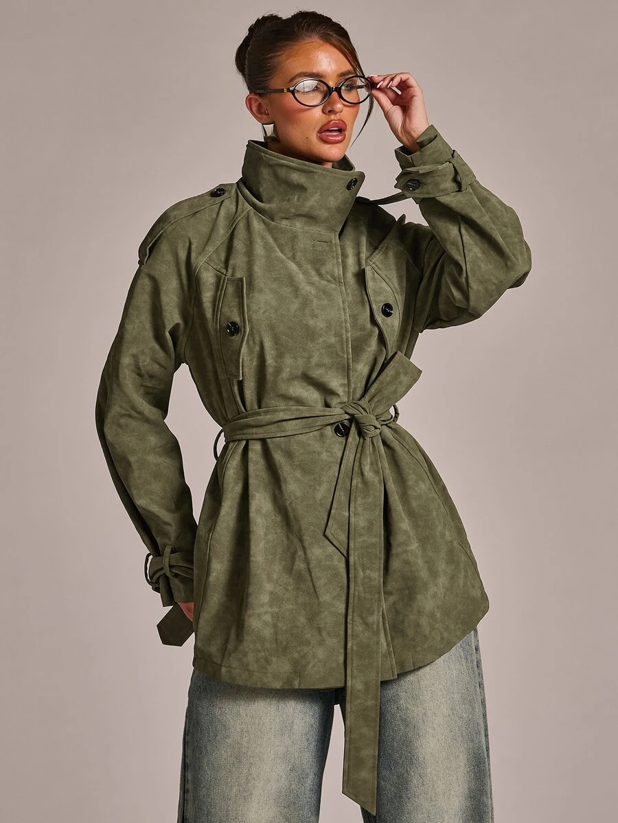 SHEIN BAE Olive Green Faux Suede Trench Coat, Stand Collar Belted Waist With Flap Pockets, Relaxed Fit Mid-Length Utility Jacket For Fall Winter - Army Green - View 1