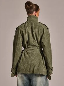 SHEIN BAE Olive Green Faux Suede Trench Coat, Stand Collar Belted Waist With Flap Pockets, Relaxed Fit Mid-Length Utility Jacket For Fall Winter - Army Green - View 2