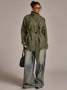SHEIN BAE Olive Green Faux Suede Trench Coat, Stand Collar Belted Waist With Flap Pockets, Relaxed Fit Mid-Length Utility Jacket For Fall Winter - Army Green - View 7