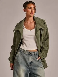 SHEIN BAE Olive Green Faux Suede Trench Coat, Stand Collar Belted Waist With Flap Pockets, Relaxed Fit Mid-Length Utility Jacket For Fall Winter - Army Green - View 5