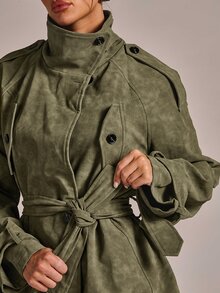 SHEIN BAE Olive Green Faux Suede Trench Coat, Stand Collar Belted Waist With Flap Pockets, Relaxed Fit Mid-Length Utility Jacket For Fall Winter - Army Green - View 8