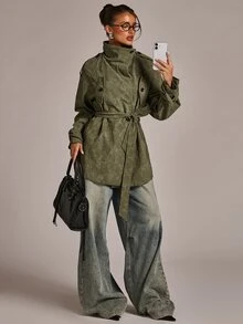 SHEIN BAE Olive Green Faux Suede Trench Coat, Stand Collar Belted Waist With Flap Pockets, Relaxed Fit Mid-Length Utility Jacket For Fall Winter - Army Green - View 3