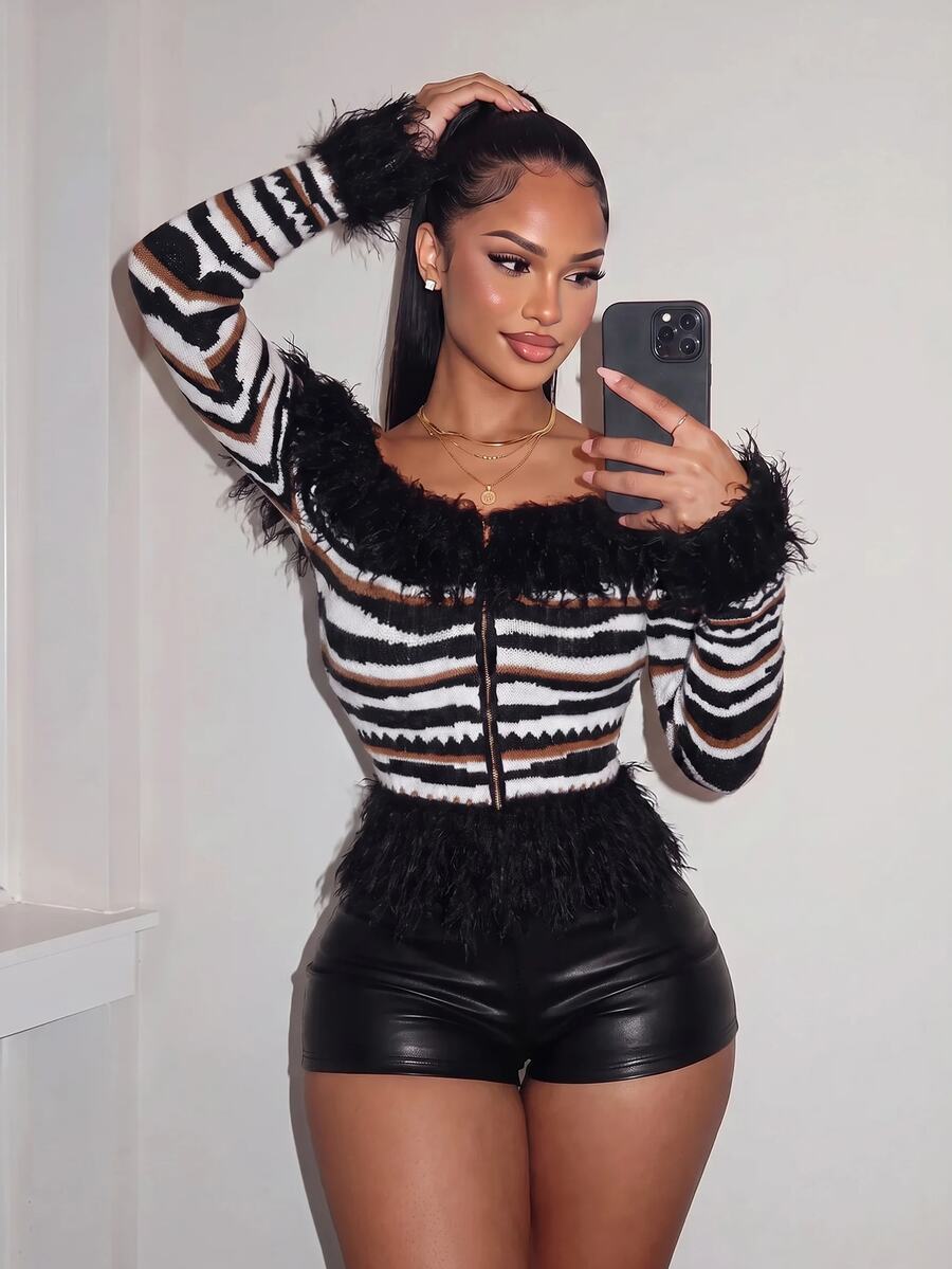 Amplova Women's Off-Shoulder Colorblock Casual Daily Long Sleeve Sweater - Black and White - View 1