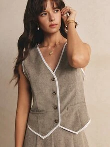 Poéselle 女款拼色單排扣上衣與長褲休閒法式優雅日常兩件套 教師節 辦公室 早午餐 卡其色 夏季 - 卡其色 - 查看 4