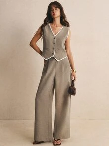 Poéselle 女款拼色單排扣上衣與長褲休閒法式優雅日常兩件套 教師節 辦公室 早午餐 卡其色 夏季 - 卡其色 - 查看 6