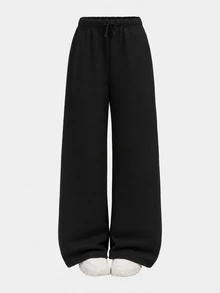 SHEIN Tween Girl Tween Girls Autumn And Winter Plus Velvet Thickened Simple Drawstring Loose Sports Straight Pants Fl - Black - View 5