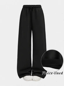 SHEIN Tween Girl Tween Girls Autumn And Winter Plus Velvet Thickened Simple Drawstring Loose Sports Straight Pants Fl - Black - View 3